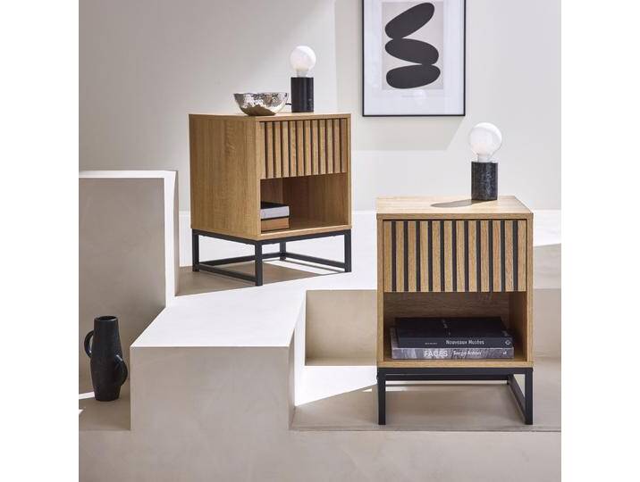 2er-Set zeitgenössische Nachttische mit geriffelter Holzoptik 1 Schublade Natur - sweeek von sweeek