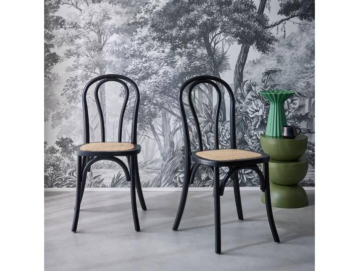 2er Set Stühle aus Holz und Rattan mit abgerundeter Rückenlehne Schwarz - sweeek 2er Set Stühle aus Holz und Rattan mit abgerundeter Rückenlehne Schwarz - sweeek von sweeek