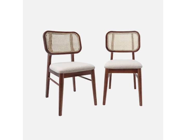 2er-Set Vintage-Stühle aus Heveaholz mit Rohrgeflecht und Bouclé-Sitz Nussbaumfarben - sweeek 2er-Set Vintage-Stühle aus Heveaholz mit Rohrgeflecht und Bouclé-Sitz Nussbaumfarben - sweeek von sweeek