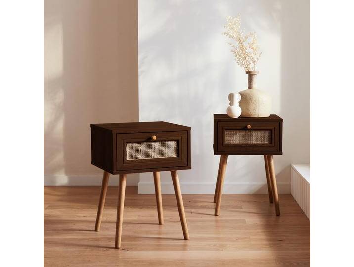 2er-Set Nachttische mit Holzlook und Rohrgeflecht Dunkles Holz - sweeek von sweeek