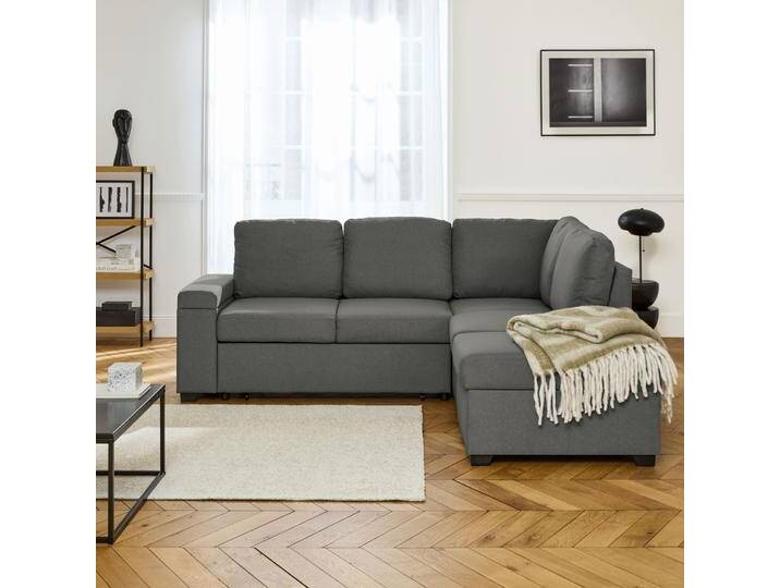 3-Sitzer Ecksofa mit Schlaffunktion, dunkelgrauem Bezug und Hocker von sweeek