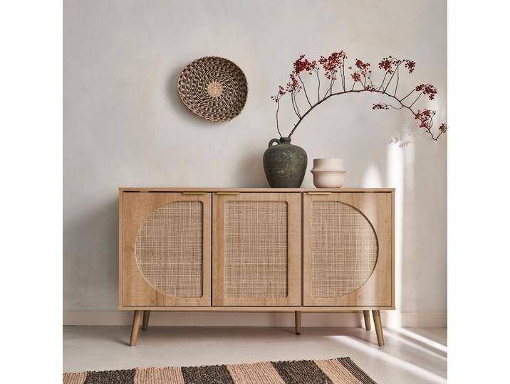 Skandinavisches Sideboard mit Holzdekor und abgerundetem Rohrgeflecht 1 Tür 80cm Natur - sweeek von sweeek