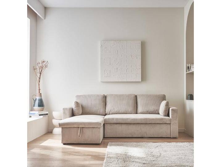Ecksofa mit beigegrauem Cordbezug und Schlaffunktion - IDA - 3-Sitzer, beidseitig verwendbare Recamiere, Bettkasten von sweeek