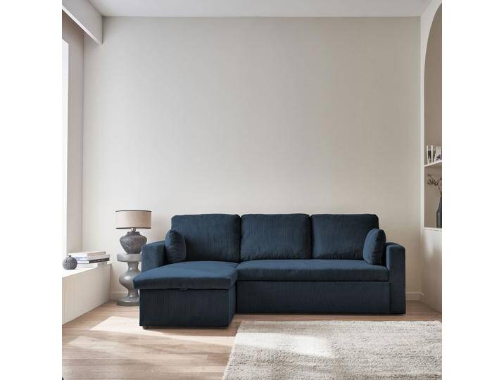 Ecksofa mit blauem Cordbezug und Schlaffunktion - IDA - 3-Sitzer, beidseitig verwendbare Recamiere, Bettkasten von sweeek
