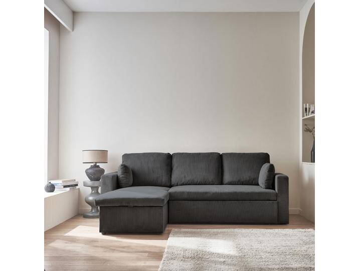 Ecksofa mit dunkelgrauem Cordbezug und Schlaffunktion - IDA - 3-Sitzer, beidseitig verwendbare Recamiere, Bettkasten Ecksofa mit dunkelgrauem Cordbezug und Schlaffunktion - IDA - 3-Sitzer, beidseitig verwendbare Recamiere, Bettkasten von sweeek