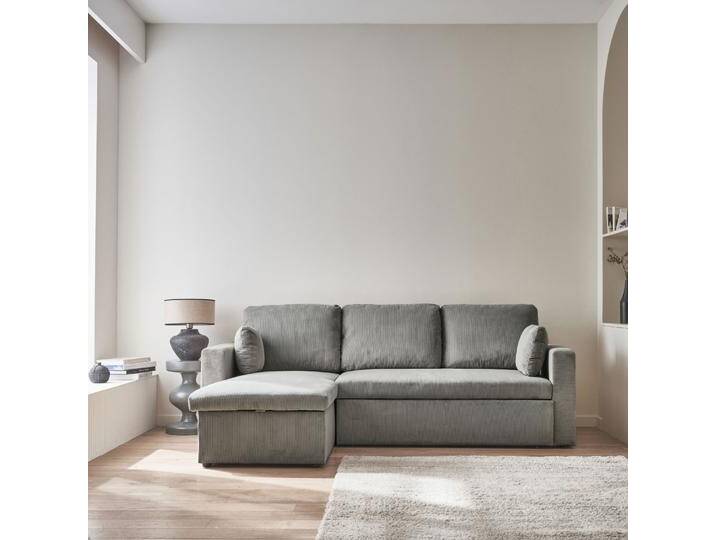 Ecksofa mit hellgrauem Cordbezug und Schlaffunktion - IDA - 3-Sitzer, beidseitig verwendbare Recamiere, Bettkasten von sweeek