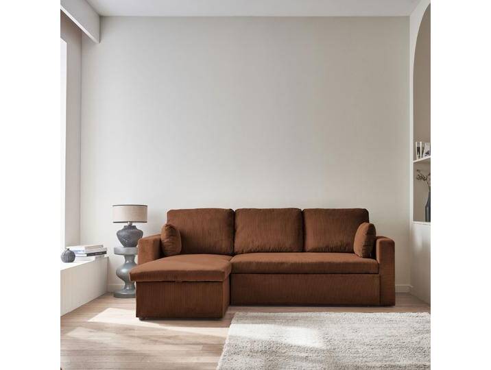 Ecksofa mit rostfarbenem Cordbezug und Schlaffunktion - IDA - 3-Sitzer, beidseitig verwendbare Recamiere, Bettkasten von sweeek