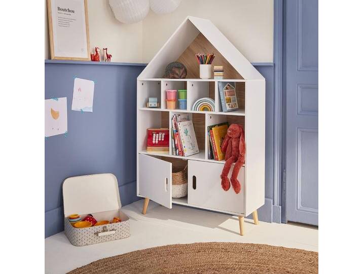Kinderbuchregal Haus - TOBIAS - Massivholz in Kiefer Natur Weiß auf 3 Ebenen, 8 Fächer und 2 Türchen von sweeek