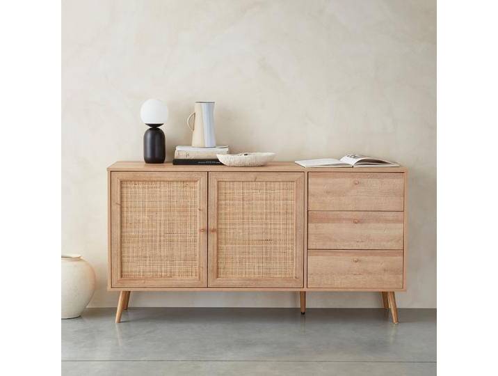 Skandinavisches Sideboard, Holzeffekt mit Rattangeflecht, 2 Türen, 150 cm Natur - sweeek von sweeek