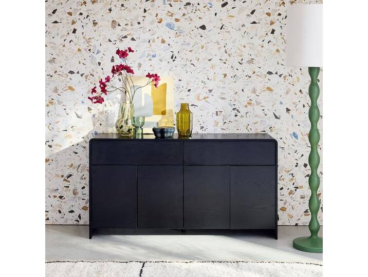Sideboard mit 2 Schubladen 4 Türen in abgerundeter Holzoptik Schwarz - sweeek von sweeek