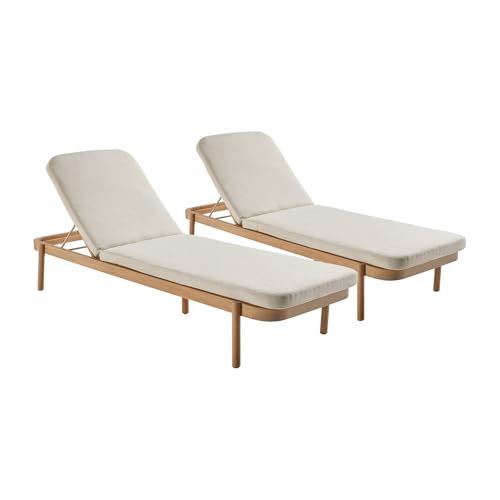 sweeek - 2er-Set Liegestühle aus Akazienholz, verstellbar, mit beigen abnehmbaren Kissenbezügen aus Polyester - Punta Cana von sweeek