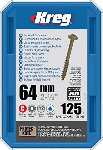 Kreg HD Pocket-Hole Screws 64 mm, Protec-Kote, Maxi-Loc, Coarse Thread, 125 Stück von Kreg