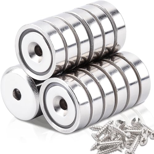 18Stück Neodym Magnete Extra Stark, 16mm 8KG Kraft Scheiben Magnete mit Kapsel, Magnete Stark Topfmagnet mit Loch, Senkkopf-Topfmagnet mit Schrauben und Stahlkissen für Küchen von swihorab