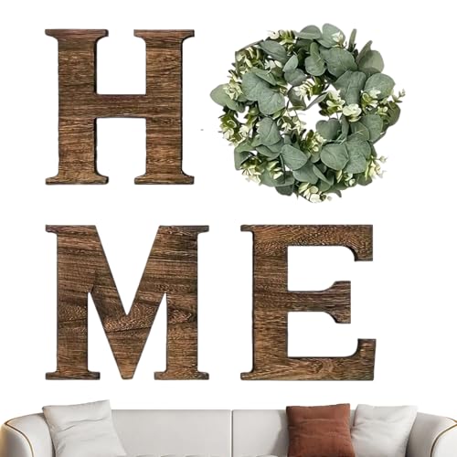 Wanddeko Home Schild - Rustikales Mit Künstlichem Eukalyptuskranz | Holz Buchstaben Mit Eukalyptus | Rustikale Dekoration Für Wohnzimmer Küche Eingang Haus Einweihung Hochzeit Feiertag von syayw
