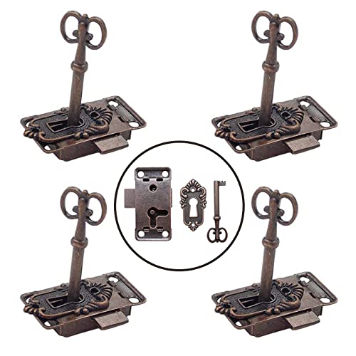 sylbx 4 Stück Vintage Schloss Set Antikes Schloss und SchlüSsel SchranktüRschloss Antik fur BriefkäSten, SchließFäCher, SchräNke, Werkzeugkisten (Rot Bronze) von sylbx