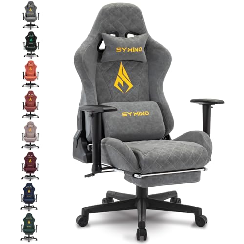 symino Gaming Stuhl, Ergonomischer Bürostuhl, Rennstuhl-Design PC Stuhl, Vintage-PU-Leder, Verstellbarer Drehbarer Task Stühle mit Fußstütze (Grau) von symino