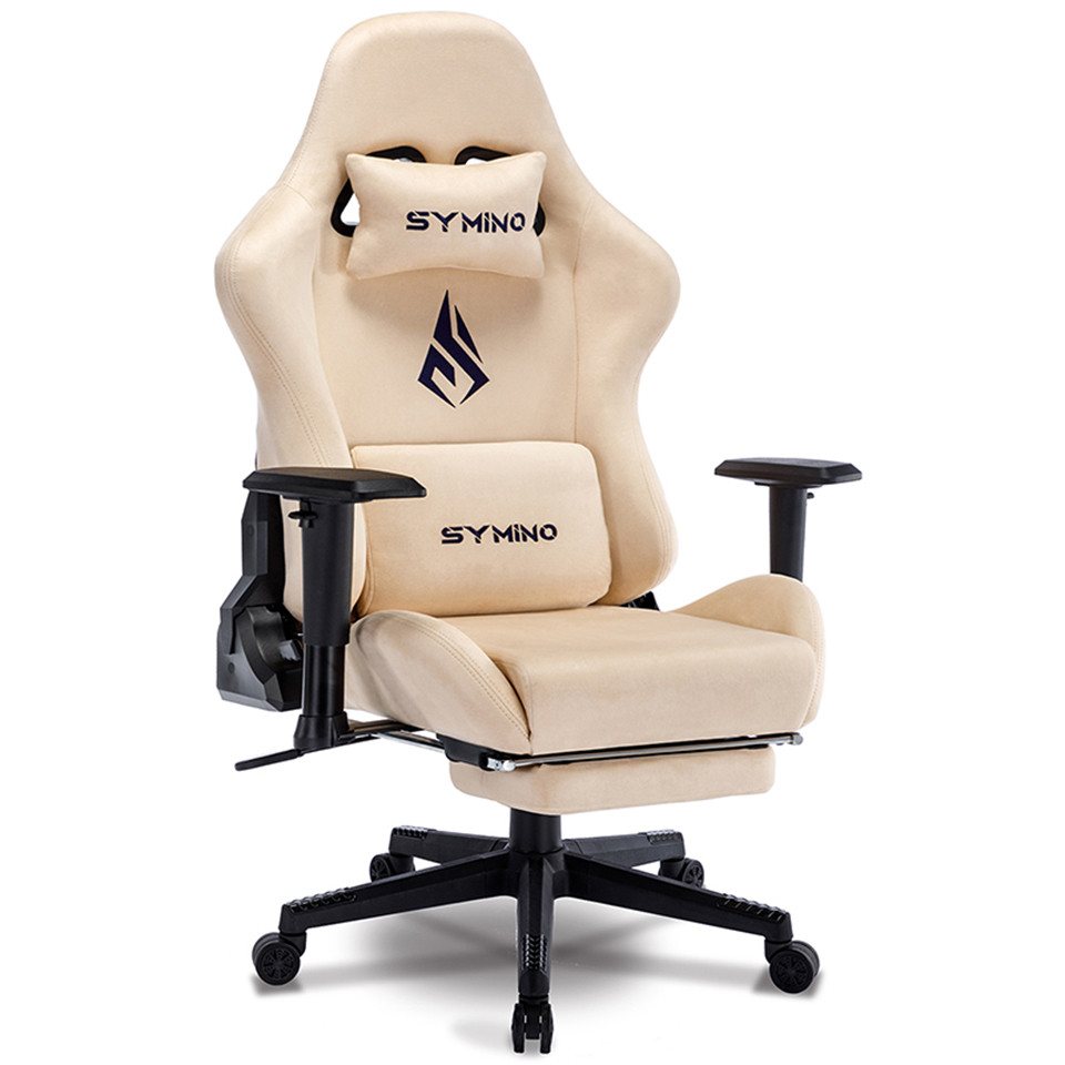 symino Gaming-Stuhl Drehstuhl, verstellbare Armlehnen und Rückenlehne, Memory Foam Kissen mit Fußstütze, Cremefarbe von symino