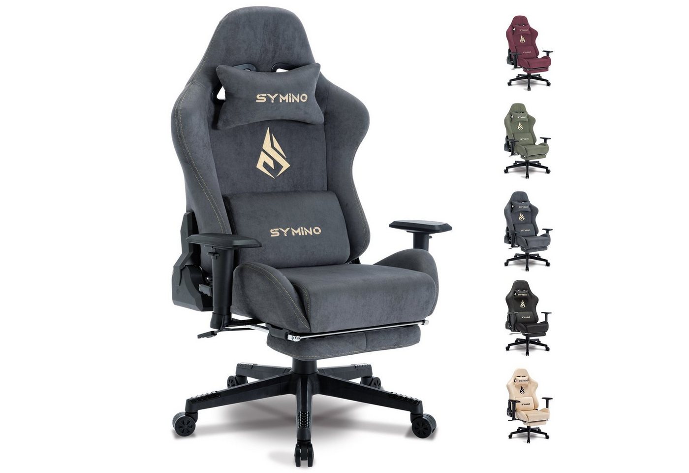 symino Gaming-Stuhl Drehstuhl, verstellbare Armlehnen und Rückenlehne, Memory Foam Kissen mit Fußstütze, Grau von symino