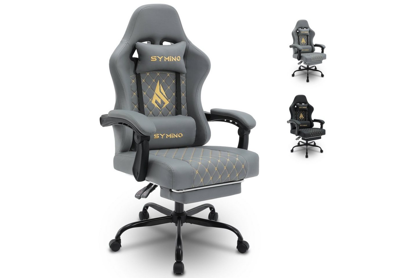 symino Gaming-Stuhl Racing Style, ergonomischer Stuhl mit Fußstütze, verstellbarer Rückenlehne und Armlehnen, Bürostuhl aus PU-Leder, Grau von symino