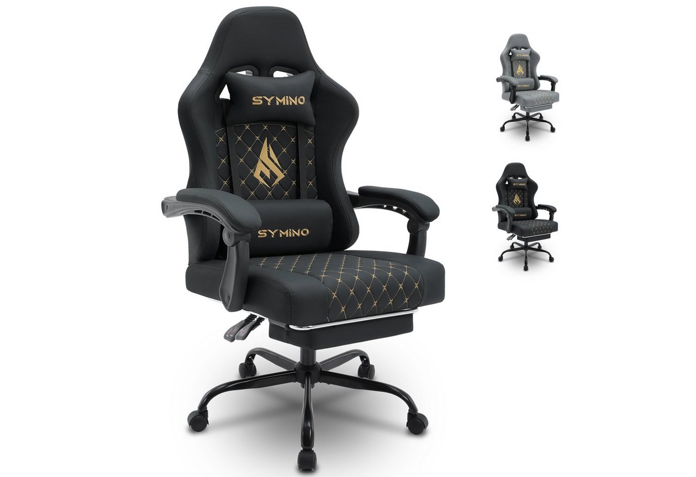 symino Gaming-Stuhl Racing Style, ergonomischer Stuhl mit Fußstütze, verstellbarer Rückenlehne und Armlehnen, PU Leder Bürostuhl, Schwarz von symino