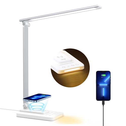 sympa Schreibtischlampe LED Metall mit Wireless Charger, 5 Farbmodi, 5 Helligkeitsstufen Tischlampe, USB-Ladeanschluss Dimmbare Nachttischlampe kinder, Schlafzimmer, Büro, Arbeitszimmer, Lesen von sympa