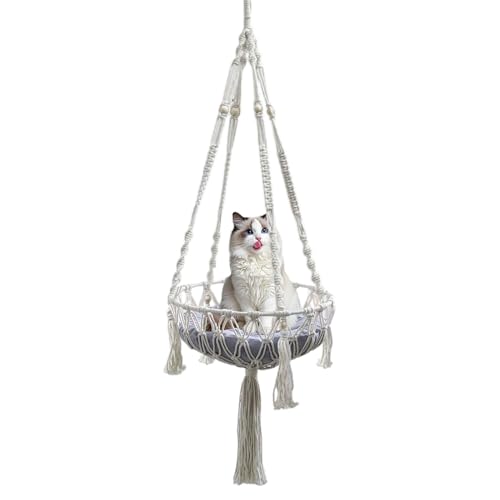 Macrame Cat Hängematte - handgewebte Quastenschwung, Baumwollseilnest | Hängende Haustierbett, Innenfenster Hängematte für Katzen Kätzchen Welpen schlafend Lautklettern Spielen dekorativen Korb von szaluyk