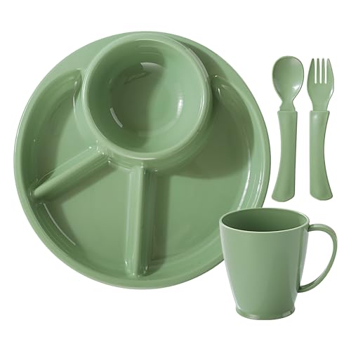szaluyk Portion Kontrolle Teller, Kinder Unterteilte Teller Für Frühstück Abendessen, 4-Fach Unterteiltes Ovales Design Mit Besteck Und Trinkbecher Für Obst Fleisch Dessert Getreide von szaluyk
