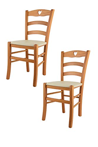 Tommychairs - 2er Set Stühle CUORE für Küche und Esszimmer, Robuste Struktur aus lackiertem Buchenholz im Farbton Honig und gepolsterte Sitzfläche mit Kunstleder in der Farbe Elfenbein bezogen von t m c s