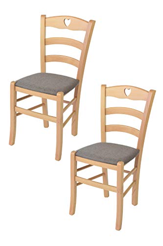 Tommychairs - 2er Set Stühle CUORE für Küche und Esszimmer, Robuste Struktur aus lackiertem Buchenholz im Farbton Naturfarben und gepolsterte Sitzfläche mit Stoff in der Farbe Rehbraun bezogen von t m c s