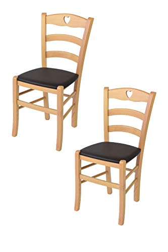 Tommychairs - 2er Set Stühle CUORE für Küche und Esszimmer, Robuste Struktur aus lackiertem Buchenholz im Farbton Naturfarben und gepolsterte Sitzfläche mit Kunstleder in der Farbe Moka bezogen von t m c s