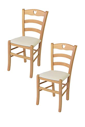 Tommychairs - 2er Set Stühle CUORE für Küche und Esszimmer, Robuste Struktur aus lackiertem Buchenholz im Farbton Naturfarben und gepolsterte Sitzfläche mit Stoff in der Farbe Elfenbein bezogen von t m c s
