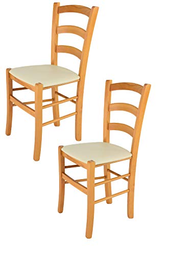 Tommychairs - 2er Set Stühle VENICE für Küche und Esszimmer, Robuste Struktur aus lackiertem Buchenholz im Farbton Honig und gepolsterte Sitzfläche mit Kunstleder in der Farbe Elfenbein bezogen von t m c s