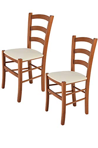 Tommychairs - 2er Set Stühle VENICE für Küche und Esszimmer, Struktur aus lackiertem Buchenholz im Farbton Kirschholz und gepolsterte gepolsterte Sitzfläche mit STOFF in der Farbe Elfenbein bezogen von t m c s