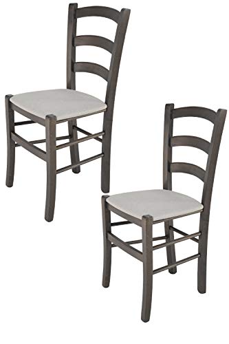 Tommychairs Venice Set mit 2 Stühlen für Küche, Bar, Esszimmer, Gestell aus Buchenholz mit Anilin-Lackierung in Dunkelgrau und gepolsterter Sitzfläche mit Perlgrauem Stoff von t m c s