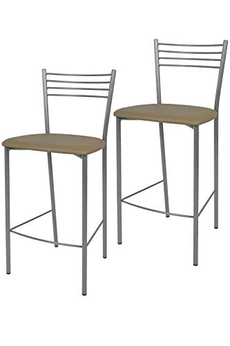Tommychairs - 2er Set moderne Barhocker ELENA für Küche und Esszimmer, robustes Gestell aus lackiertem Stahl, Farbe Aluminium, gepolsterte Sitzfläche mit KUNSTLEDER in der Farbe Cappuccino bezogen von t m c s