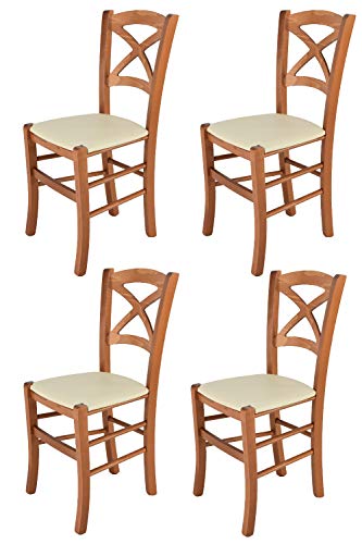 Tommychairs - 4er Set Stühle CROSS für Küche und Esszimmer, Robuste Struktur aus lackiertem Buchenholz im Farbton Kirschholz und gepolsterte Sitzfläche mit Kunstleder in der Farbe Elfenbein bezogen von t m c s