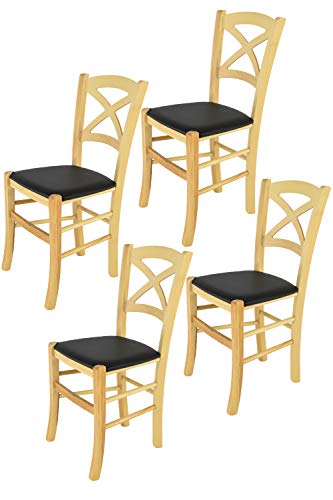 Tommychairs - 4er Set Stühle CROSS für Küche und Esszimmer, Robuste Struktur aus lackiertem Buchenholz im Farbton Naturfarben und gepolsterte Sitzfläche mit Kunstleder in der Farbe Schwarz bezogen von t m c s