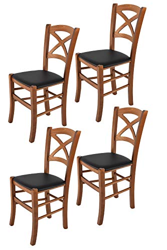 Tommychairs - 4er Set Stühle CROSS für Küche und Esszimmer, Struktur aus lackiertem Buchenholz im Farbton Helles Nussbraun und gepolsterte Sitzfläche mit KUNSTLEDER in der Farbe Schwarz bezogen von t m c s