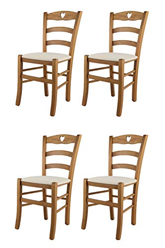 Tommychairs - 4er Set Stühle CUORE für Küche und Esszimmer, Robuste Struktur aus lackiertem Buchenholz im Farbton Eichenholz und gepolsterte Sitzfläche mit Stoff in der Farbe Elfenbein bezogen von t m c s
