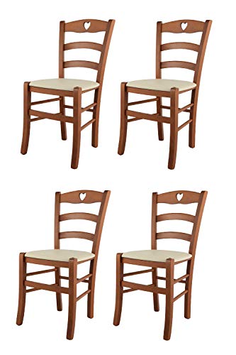 Tommychairs - 4er Set Stühle CUORE für Küche und Esszimmer, Robuste Struktur aus lackiertem Buchenholz im Farbton Kirschholz und gepolsterte Sitzfläche mit Kunstleder in der Farbe Elfenbein bezogen von t m c s