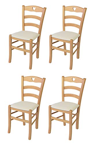 Tommychairs - 4er Set Stühle CUORE für Küche und Esszimmer, Robuste Struktur aus lackiertem Buchenholz im Farbton Naturfarben und gepolsterte Sitzfläche mit Stoff in der Farbe Elfenbein bezogen von t m c s
