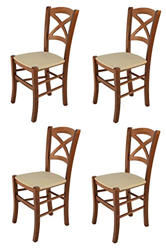 t m c s Tommychairs - 4er Set Stühle Cross für Küche und Esszimmer, Struktur aus lackiertem Buchenholz im Farbton Helles Nussbraun und gepolsterte Sitzfläche mit Stoff in der Farbe Hanf bezogen von t m c s