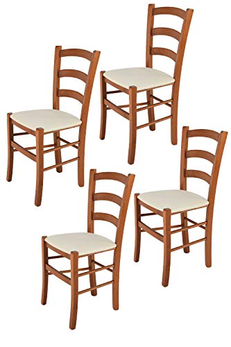 Tommychairs - 4er Set Stühle VENICE für Küche und Esszimmer, Struktur aus lackiertem Buchenholz im Farbton Kirschholz und gepolsterte gepolsterte Sitzfläche mit STOFF in der Farbe Elfenbein bezogen von t m c s