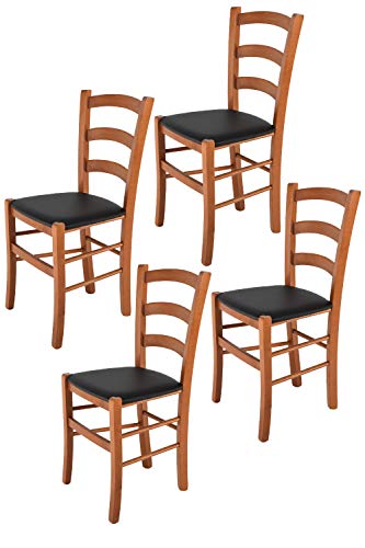 Tommychairs - 4er Set Stühle VENICE für Küche und Esszimmer, robuste Struktur aus lackiertem Buchenholz im Farbton Kirschholz und gepolsterte Sitzfläche mit KUNSTLEDER in der Farbe Schwarz bezogen von t m c s