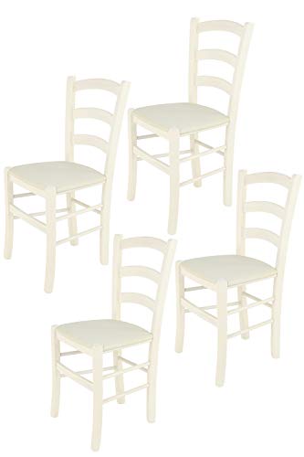 Tommychairs - 4er Set Stühle VENICE für Küche und Esszimmer, robuste Struktur aus lackiertem Buchenholz in Anilinfarbe Weiss und gepolsterte Sitzfläche mit STOFF in der Farbe Elfenbein bezogen von t m c s