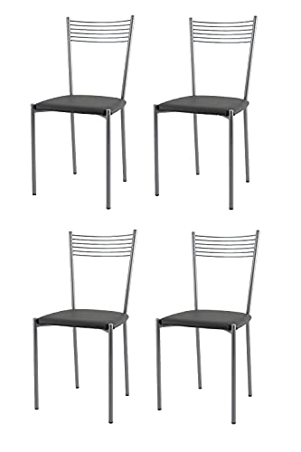 Tommychairs - 4er Set moderne Stühle ELEGANCE für Küche und Esszimmer, robustes Gestell aus lackiertem Stahl in der Farbe Aluminium, gepolsterte Sitzfläche mit Kunstleder Farbe Dunkelgrau bezogen von t m c s