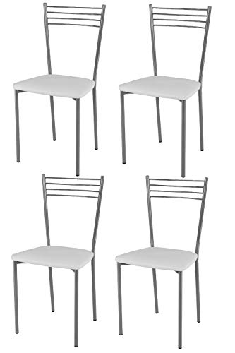 Tommychairs - 4er Set moderne Stühle ELENA für Küche und Esszimmer, robustes Gestell aus lackiertem Stahl in der Farbe Aluminium, gepolsterte Sitzfläche mit Kunstleder in der Farbe Weiß bezogen von t m c s