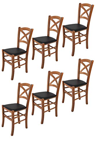 Tommychairs - 6er Set Stühle CROSS für Küche und Esszimmer, Struktur aus lackiertem Buchenholz im Farbton Helles Nussbraun und gepolsterte Sitzfläche mit KUNSTLEDER in der Farbe Schwarz bezogen von t m c s