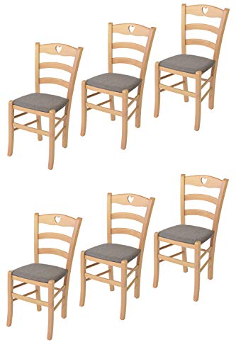 Tommychairs - 6er Set Stühle CUORE für Küche und Esszimmer, Robuste Struktur aus lackiertem Buchenholz im Farbton Naturfarben und gepolsterte Sitzfläche mit Stoff in der Farbe Rehbraun bezogen Tommychairs - 6er Set Stühle CUORE für Küche und Esszimmer, Robuste Struktur aus lackiertem Buchenholz im Farbton Naturfarben und gepolsterte Sitzfläche mit Stoff in der Farbe Rehbraun bezogen von t m c s