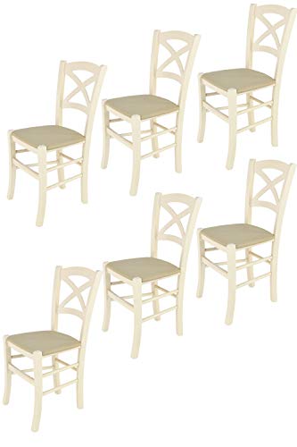 t m c s Tommychairs - 6er Set Stühle Cross für Küche und Esszimmer, Robuste Struktur aus lackiertem Buchenholz in der Anilinfarbe Weiss und gepolsterte Sitzfläche mit Stoff in der Farbe Hanf bezogen von t m c s